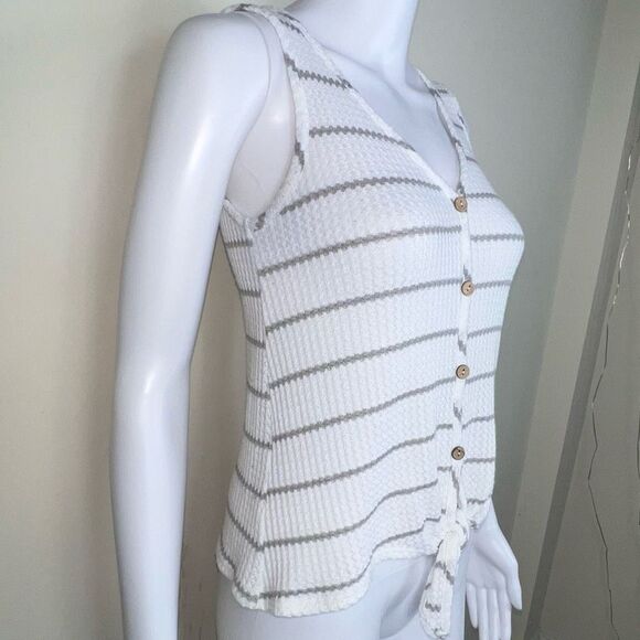 Paper Crane Sleeveless‎ Waist Tie Front Striped Waffle Knit Faux Button Shirt - Picture 2 of 9